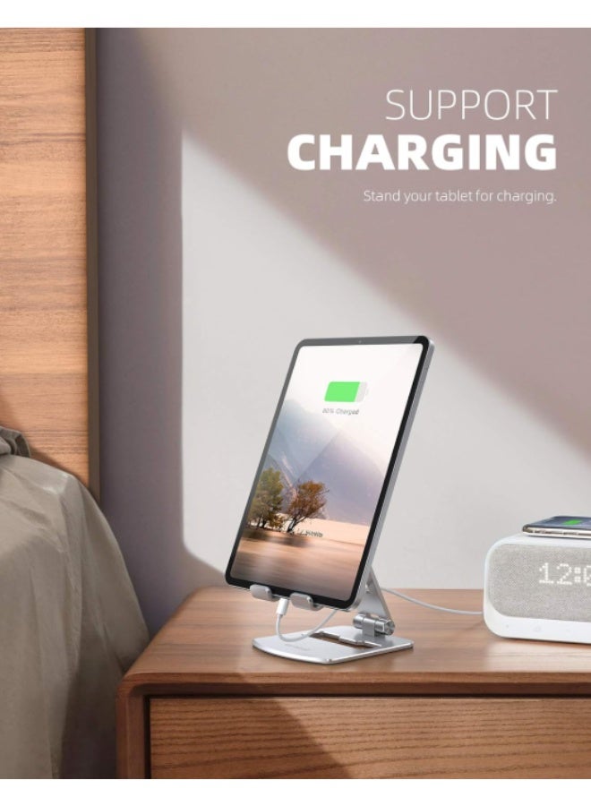 حامل هاتف قابل للطي، حامل لوحي مكتبي قابل للدوران 360 درجة، للأجهزة اللوحية من 4.7 إلى 13 بوصة، مثل iPad Pro 11 و iPad Air Mini 12.9 و iPads و Kindle و iPhone Air 17 Pro Max، فضي - Image 2